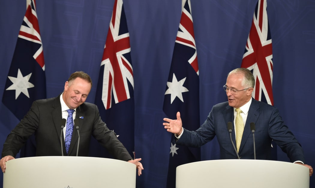 Australia's Prime Minister Malcolm Turnbull (R) and New Zealand Prime Minister John Key (L) hold a joint press conference in Sydney on February 19, 2016.