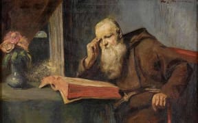 a paainting of an old man readin a book