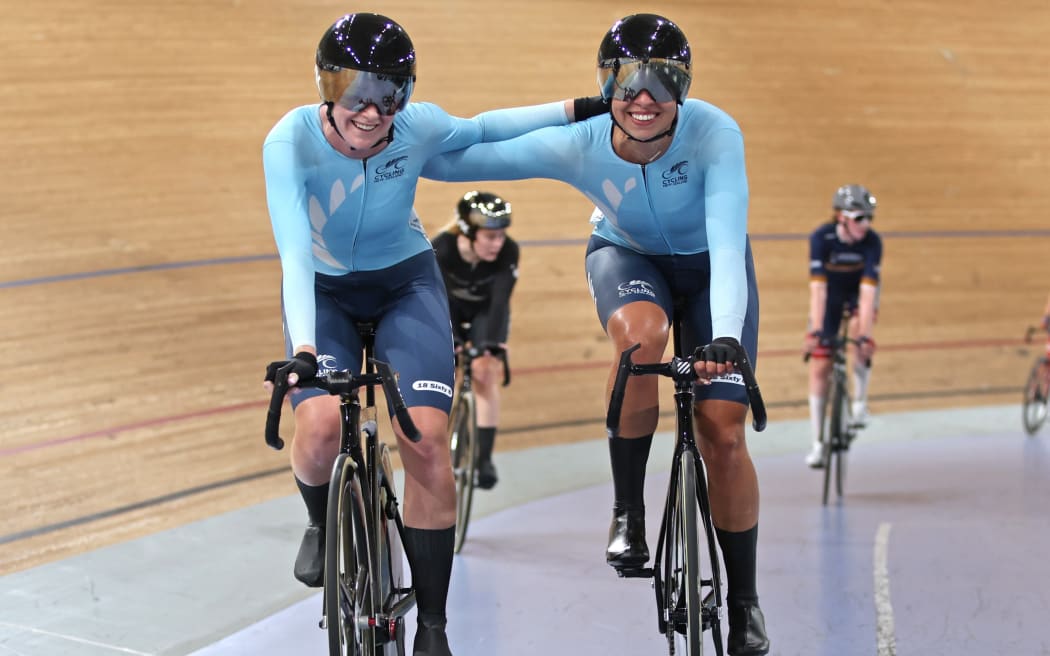 Samantha Donnelly (L) and Bryony Botha after winning the women's Madison at the Oceania track cycling championships in Brisbane.