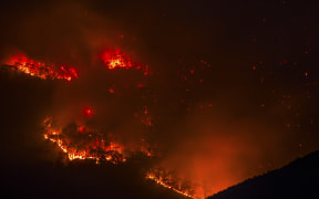 A bushfire burning at night (stock photo).
