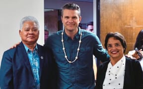 Secretary of Defense Pete Hegseth, middle, with CNMI Governor Arnold Palacios, left, and Guam Governor Lou Leon Guerrero, right.