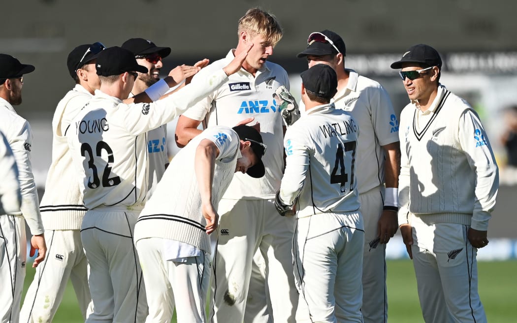 Kyle Jamieson celebrates the wicket of Alzarri Joseph