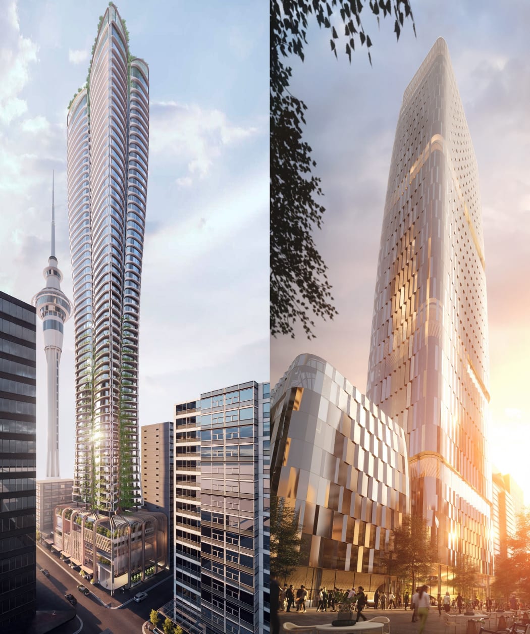 The final two tower designs from Cox Architecture (left) and Woods Bagot.