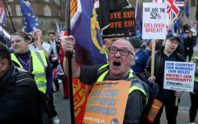 Pro-Brexit activists demonstrate outside the Houses of Parliament in central London on February 27.