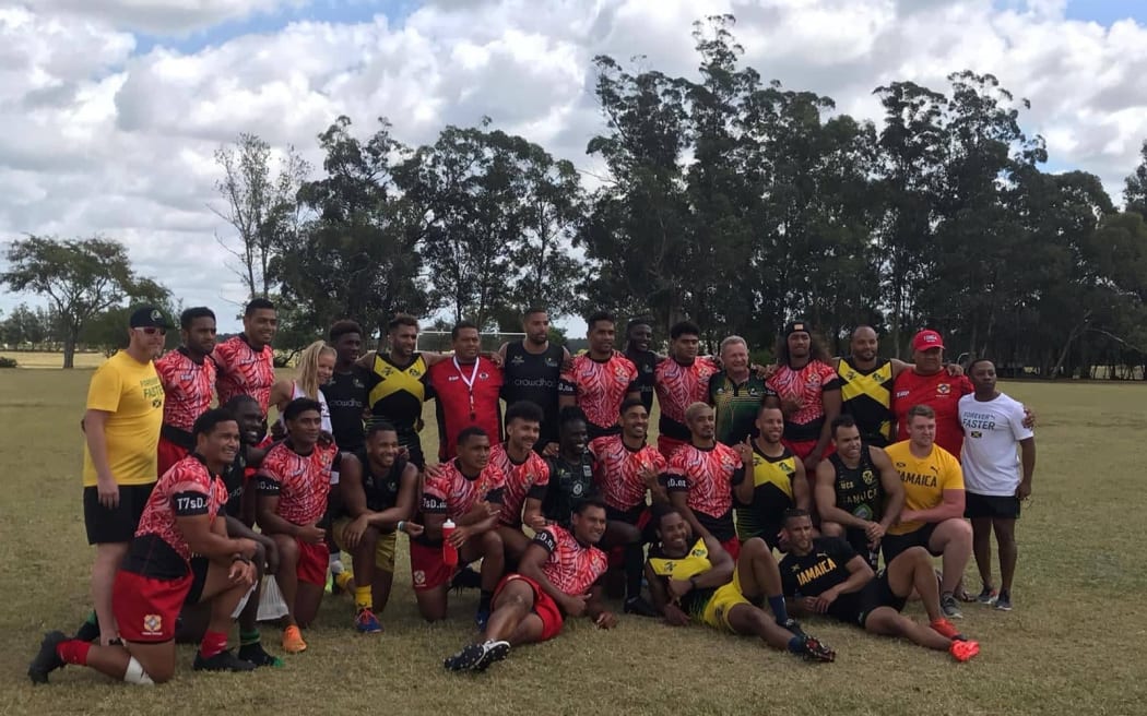 The Tongan sevens team following a scrimmage against Jamaica in Montevideo.