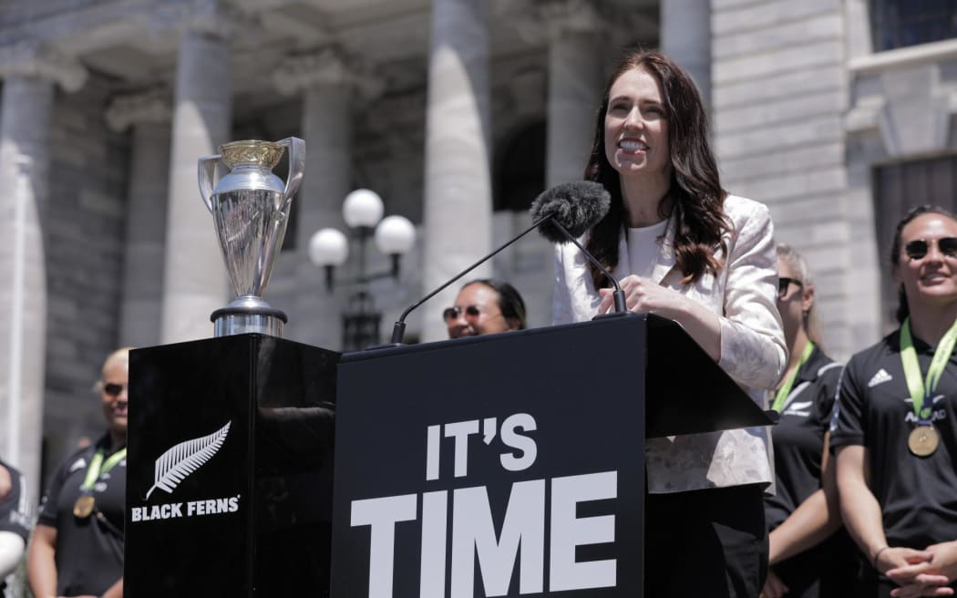 Prime Minister Jacinda Ardern speaking to crowds outside Parliament where the Black Ferns squad and crowds gathered to celebrate the team's World Cup win, on 13 December, 2022.