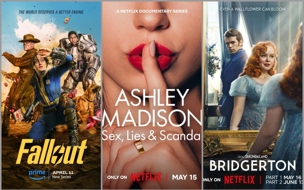 Image of movie posters: Fallout, Ashley Madison, Bridgerton