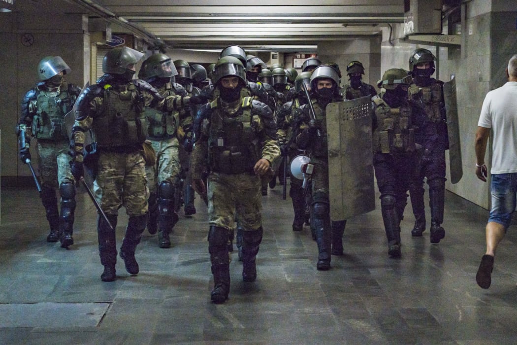 Militarized police patrols the underground of Minsk, Belarus, on August 11, 2020 preventing protests or riots after the claimed fraudulent presidential elections in Belarus.