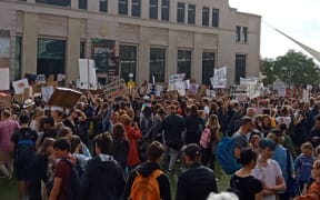 Students protesting in Wellington's Civic Square this morning.