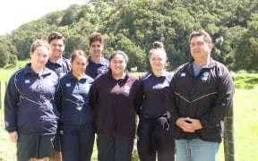 Campbell Dewes with year 13 pupils