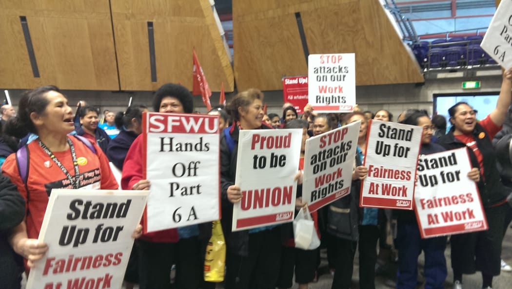 Workers rallying against the bill in Auckland.