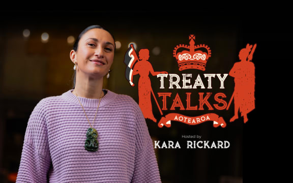 Crest referencing the nz coat of arms but featuring silhouette of a woman holding tino rangatiratanga flag and a crown with māori designs and the word Aotearoa at the base.
Colours are mainly red with some cream, all on a black background.
Text reads ' Tiriti Talks  hosted by Kara Rickard.
 Image is host Kara Rickard