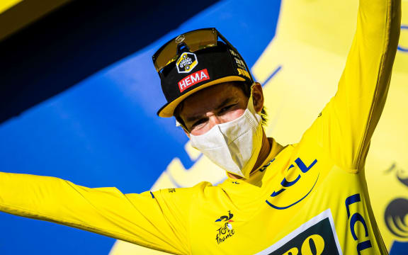 Slovenian cyclist Primoz Roglic of Jumbo Visma in the Tour de France yellow jersey.