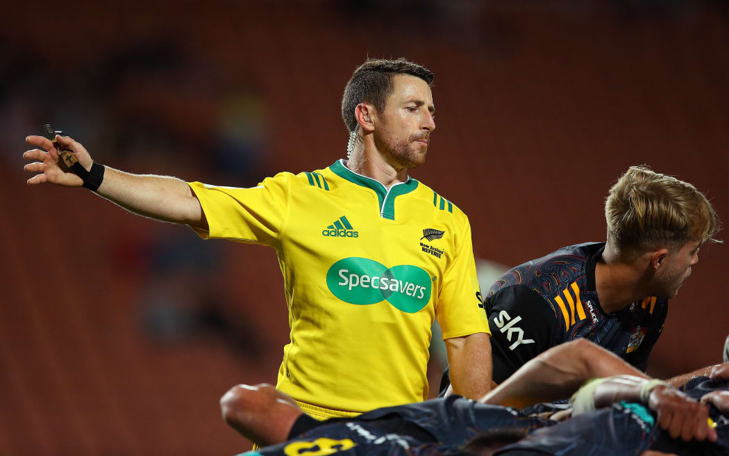 Referee Paul Williams. Super Rugby - Chiefs v Highlanders. FMG Stadium Waikato, Hamilton, New Zealand. Friday 5 March 2021.