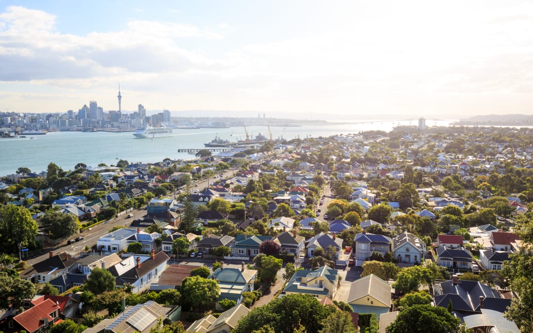 The skyline of Auckland seen from the village Devonport, New Zealand