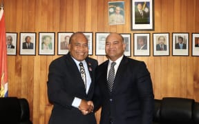 Nauru and Kiribati presidents, Taneti Maamau, left, and David Adeang signed a memorandum of understanding to enhance aviation cooperation between their governments, on 1 February 2025.