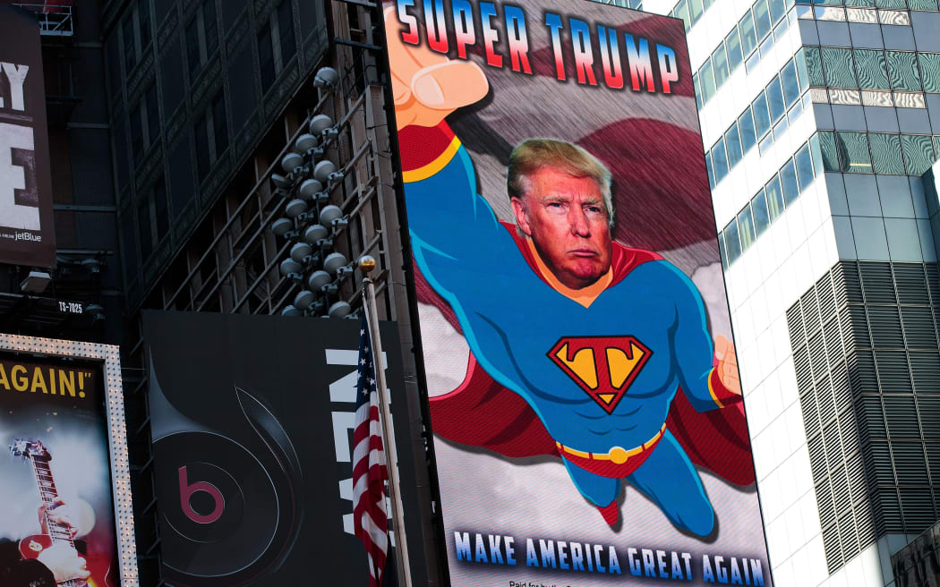 A digital billboard supporting Donald Trump depicts him as 'Super Trump' in Times Square, September 15, 2016 in New York City.