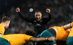 All Blacks halfback Aaron Smith celebrates a scrum win during the Bledisloe Cup/Rugby Championship.