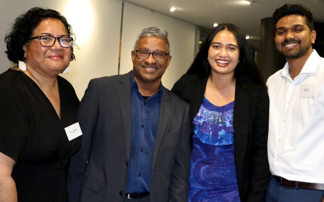 RNZ Pacific manager Moera Tuilaepa-Taylor (from left), Sri Krishnamurthi, TVNZ Fair Go’s Star Kata and Blessen Tom, now working with RNZ, at the 2019 AUT School of Communication Studies awards.