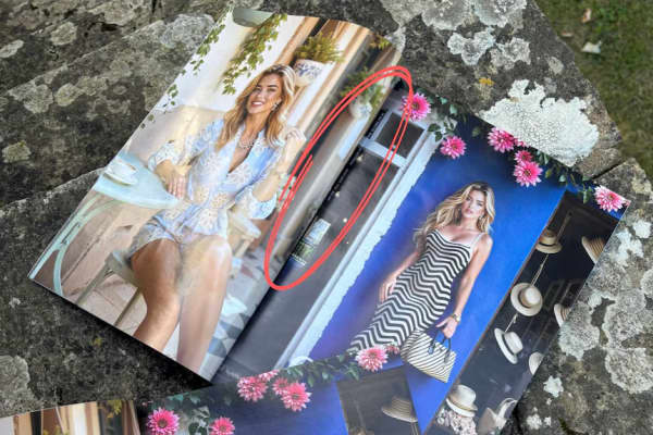 Vogue printed a tiny disclaimer in the top-left corner of the right page (circled in red).