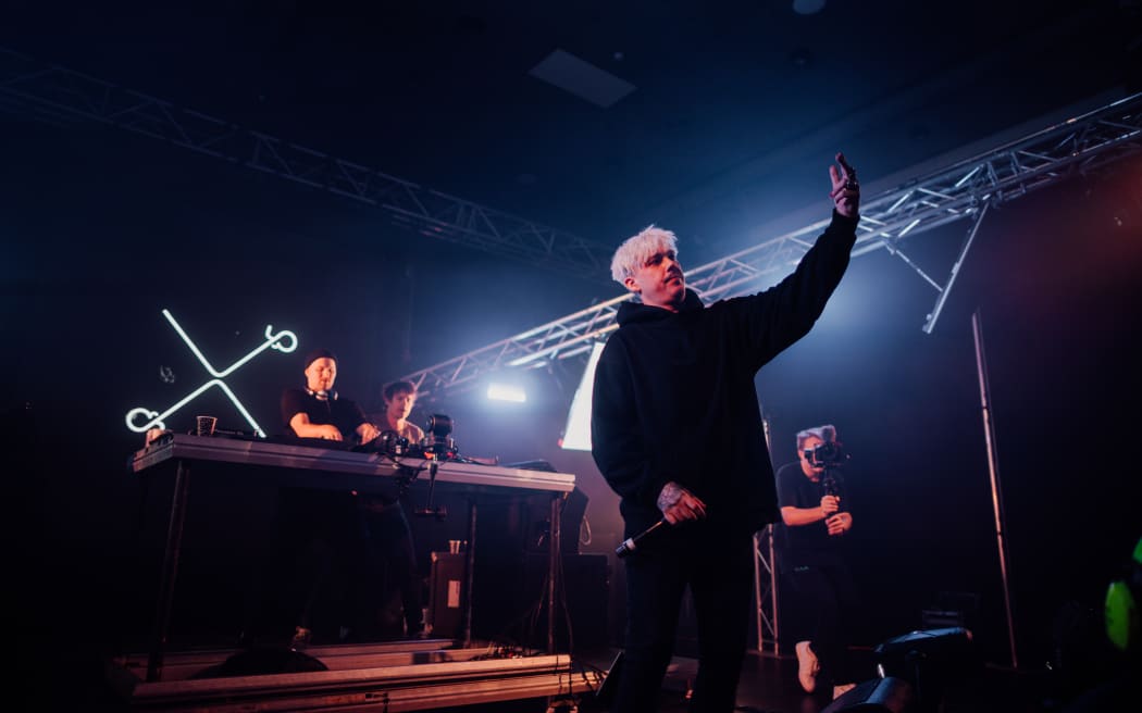 Camo and Krooked perform with MC Andreas Daxta Dreier in Wellington on 24 May, 2024.