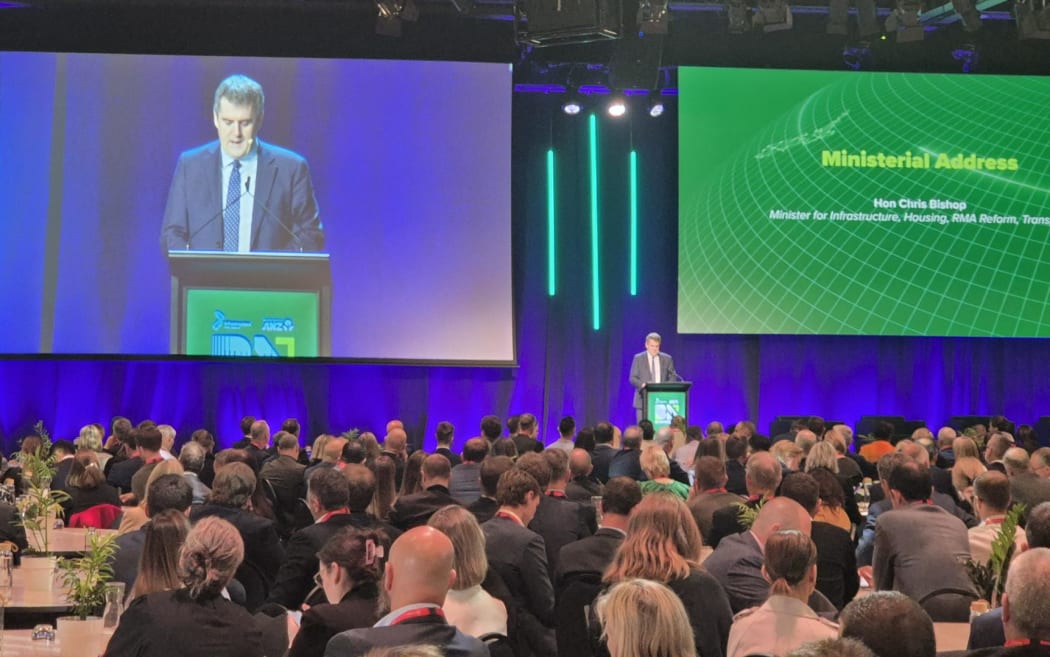 Transport and Infrastructure Minister Chris Bishop speaking at infrastructure conference Building Nations 2025 at Tākina in central Wellington on 6 August.