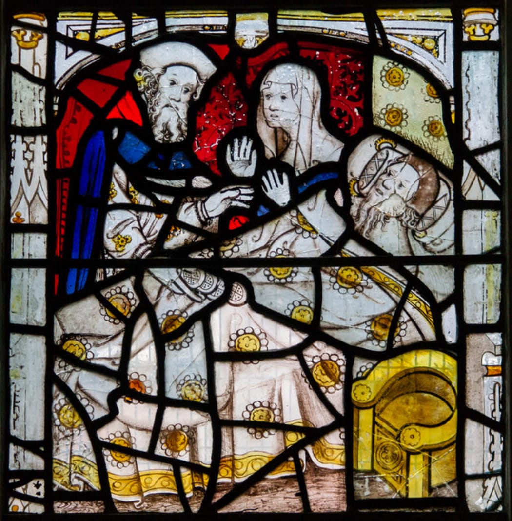 Detail, Act of Mercy window, All Saints' church, York. 1410, possibly by John Thornton.