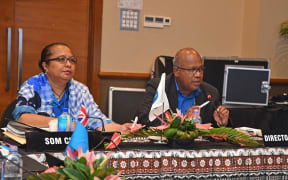Melanesian Spearhead Group meeting chair Barbara Age, left, and MSG Director-General Amena Yauvoli.