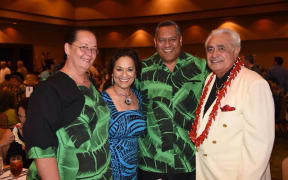 (Third from left) Lt Gov Lemanu Peleti Mauga and (First from Left;) Mrs Pohakalani Peleti Mauga representing American Samoa at the Polynesian Football Hall of Fame Induction dinner. Pictured here with Founders Award Recipients Papali'itele Tihati Thompson and Cha Thompson.