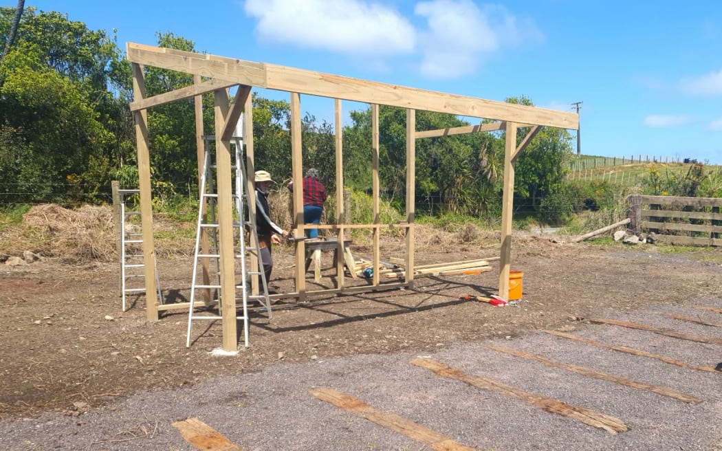 A 'storyboard shelter' under construction at the site of the old rail car workshop in Ōkaihau.