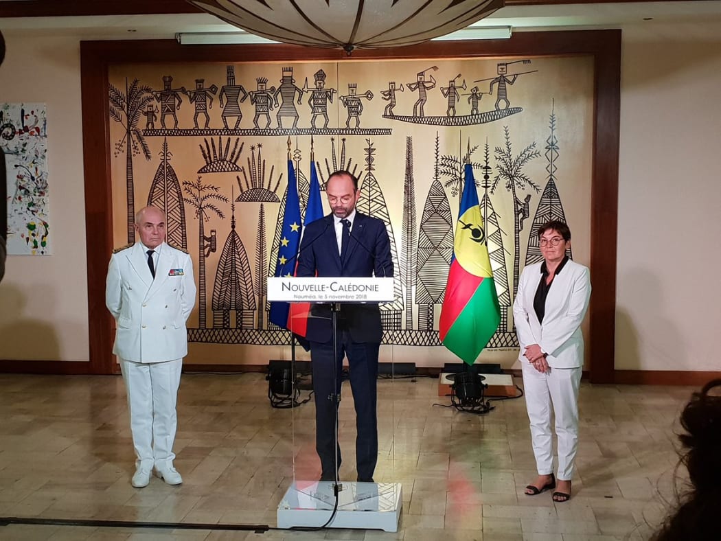 French prime minister Edouard Philippe flanked by overseas minister Annick Girardin and the High Commissioner to New Caledonia Thierry Lataste