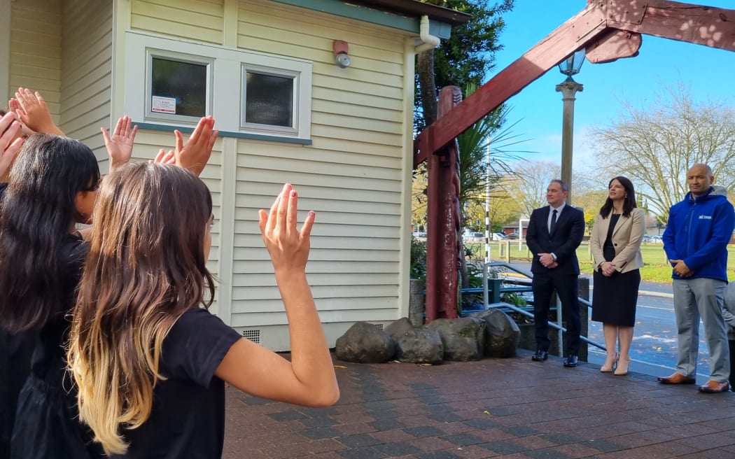 Education Minister Erica Stanford is welcomed to Hamilton East School.