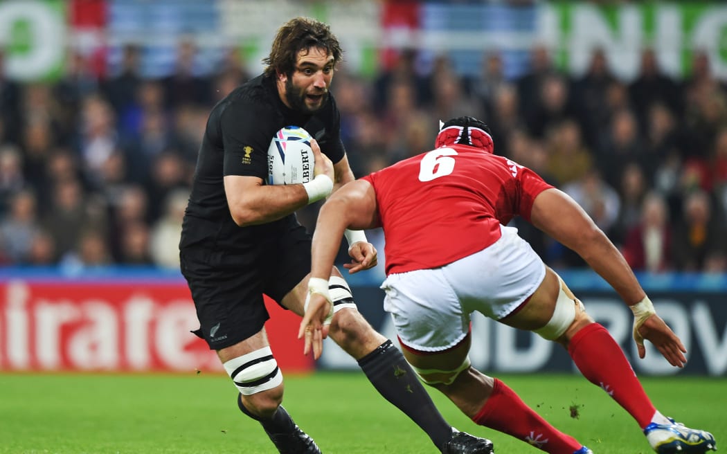 Sam Whitelock. New Zealand All Blacks v Tonga at St James Park,  Pool C match of the Rugby World Cup 2015 in England. 9 October 2015. Photo credit: Andrew Cornaga / www.photosport.nz