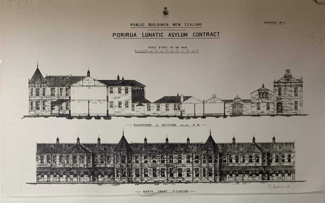 Vintage blueprints of the Porirua lunatic asylum