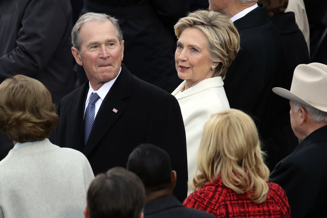 Democratic presidential candidate Hillary Clinton, at right, with former President George W. Bush at the inauguration ceremony.