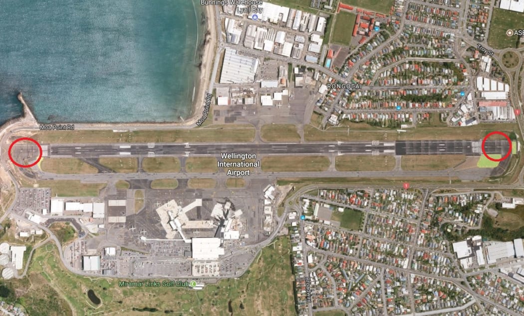 Wellington Airport with the safety areas highlighted.