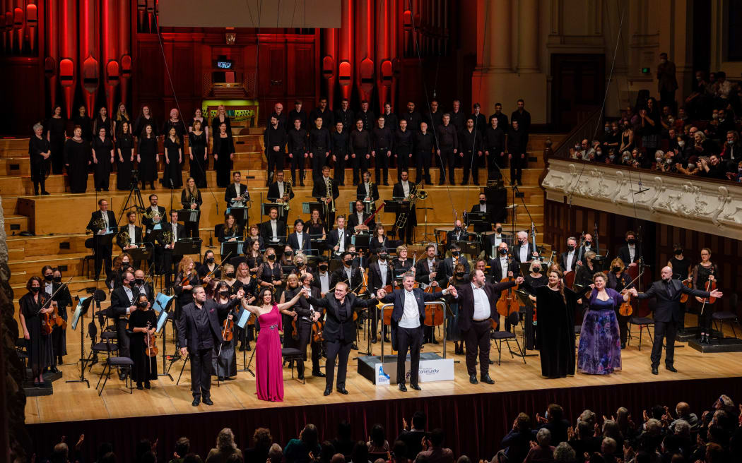 The soloists, chorus and orchestra take a bow at the end of the Auckland Philharmonia Orchestra's Opera in Concert, Il Trovatore
