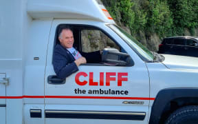 Dunedin mayor Jules Radich in the Dunedin City Council's new campaign ambulance, named Cliff.