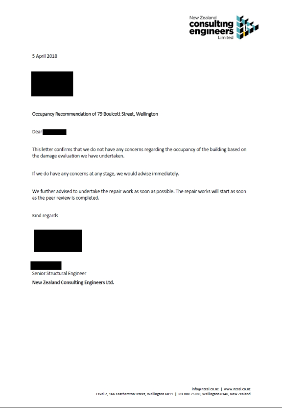 A letter to residents about the safety of 79 Boulcott Street.