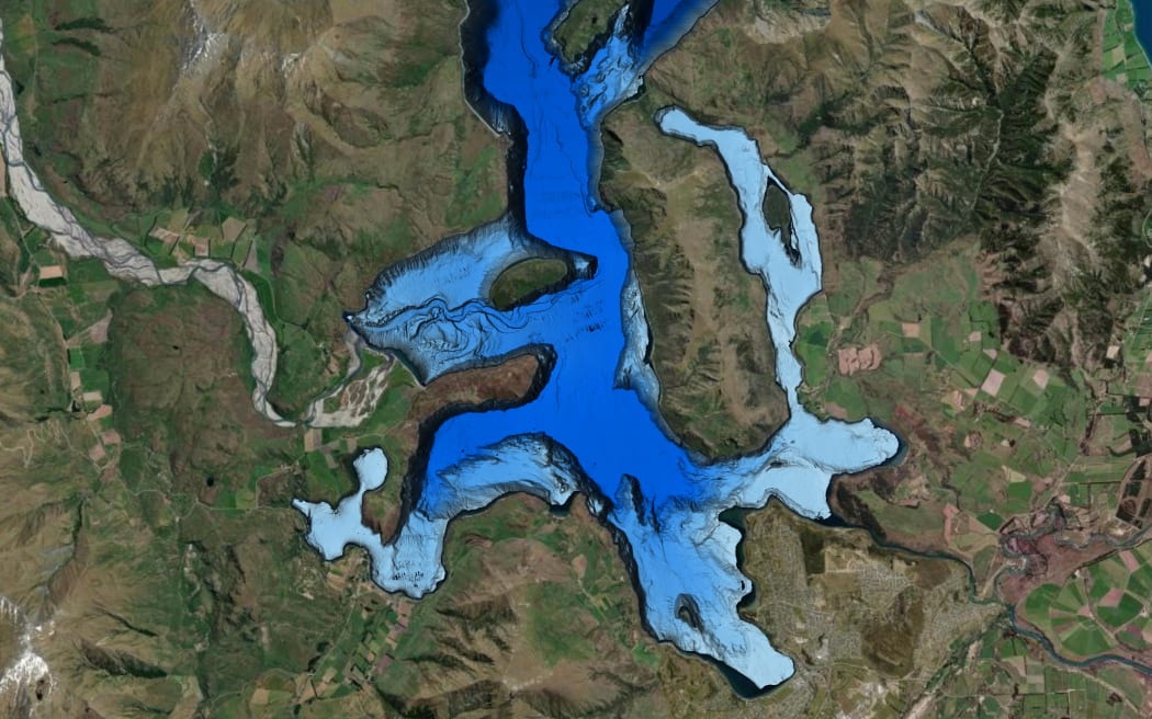 Close-up image of bathymetry data for the southern part of Lake Wānaka.