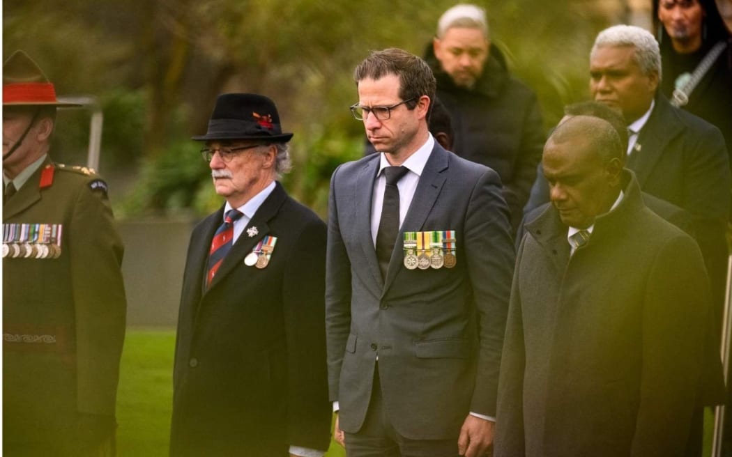MP Chris Penk joins Solomon Islands Prime Minister Jeremiah Manele at a memorial in August. Photo/Facebook