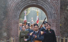 NZDF Māori group welcome the Le Quesnoy Centenary Offical Party into the National Commemorative Service.