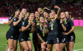 Black Ferns Sevens celebrate their Singapore victory, 2026.