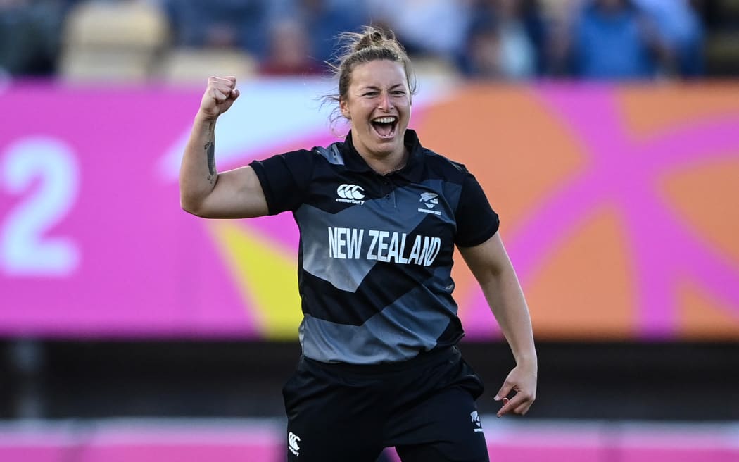 Hayley Jensen celebrates a Sri Lankan wicket at the Birmingham Commonwealth Games.