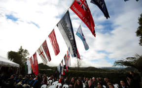 060814. Photo Diego Opatowski / RNZ. Flags of the diffrent river subtribes in Ranana Marae.