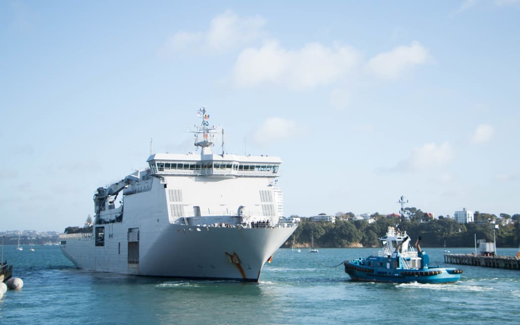 The HMNZS Canterbury pictured leaving the Devonport Naval Base in Auckland.