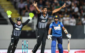 New Zealand leg spin bowler Ish Sodhi appeals successfully for a LBW decision to dismiss Dasun Shanaka.