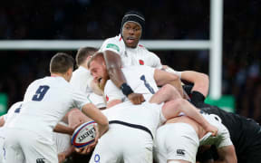 Maro Itoje and Brad Shields of England.