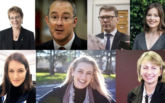 Tracey Martin - NZ First, Phil Twyford - Labour, Paul Goldsmith - National, Julie Anne Genter - Greens (upper); Brooke van Velden - ACT, Tasha Hohaia - Māori, Teresa Moore - TOP (lower).