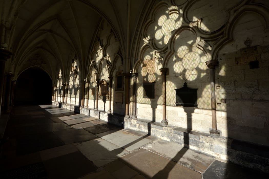 Morning sunlight in Westminster Abbey cloisters.